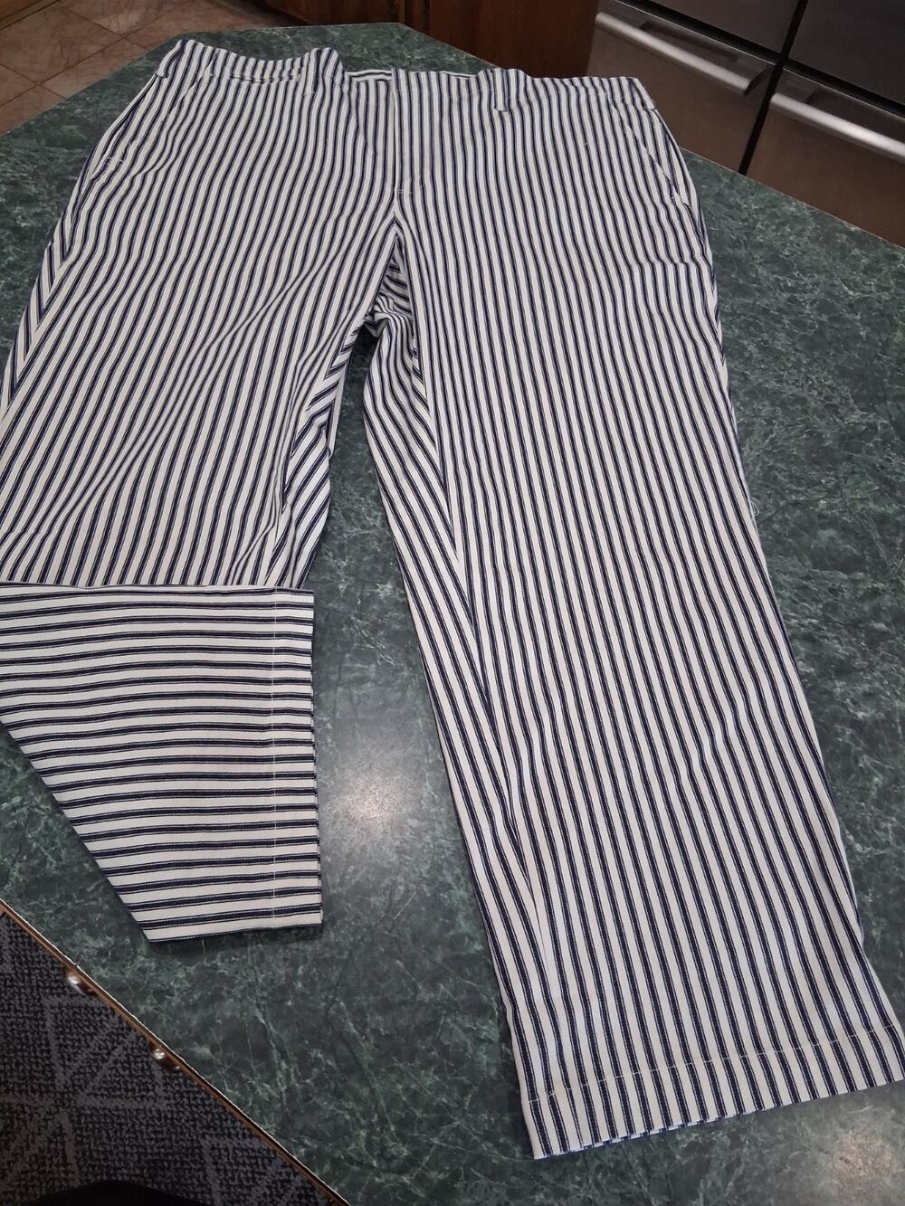 Lands End Womens 16W Blue White Striped Crop Pants Nautical Cotton Stretch Beach